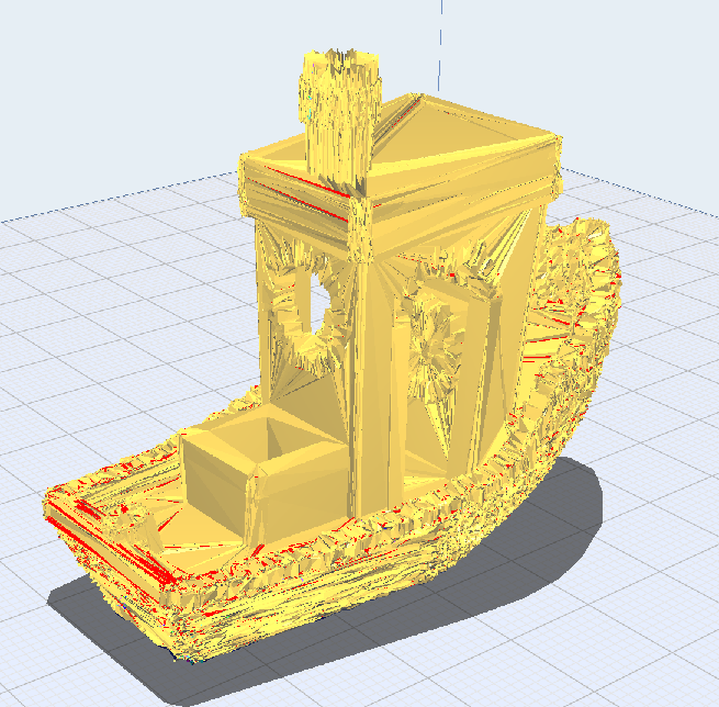 3D representation of a Benchy model with geometry extremely disrupted by random changes